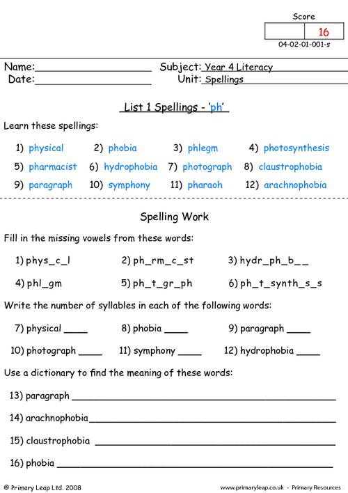 Spelling list 1 - 'ph'