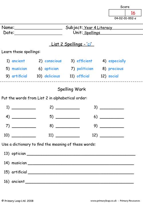 Spelling list 2 - 'ci'