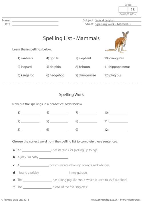 Spelling List - Mammals