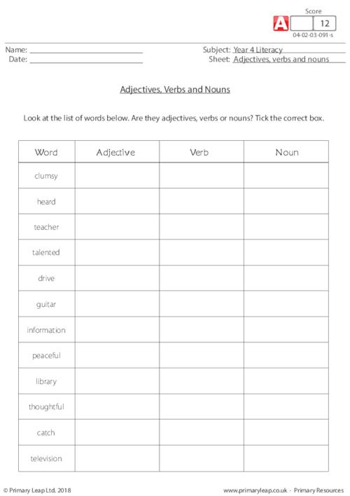 Identifying adjectives, verbs and nouns 3
