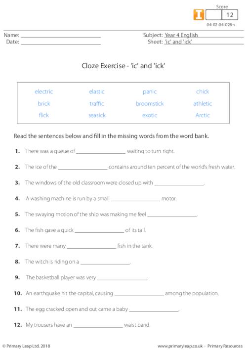 Cloze Exercise - 'ic' and 'ick'