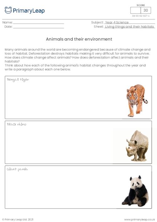 Science: Animals and their environment | Worksheet 