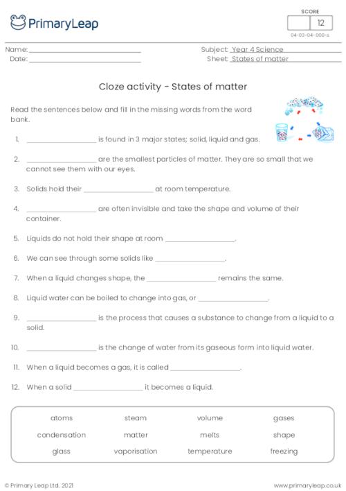 Cloze Activity - States of Matter Facts