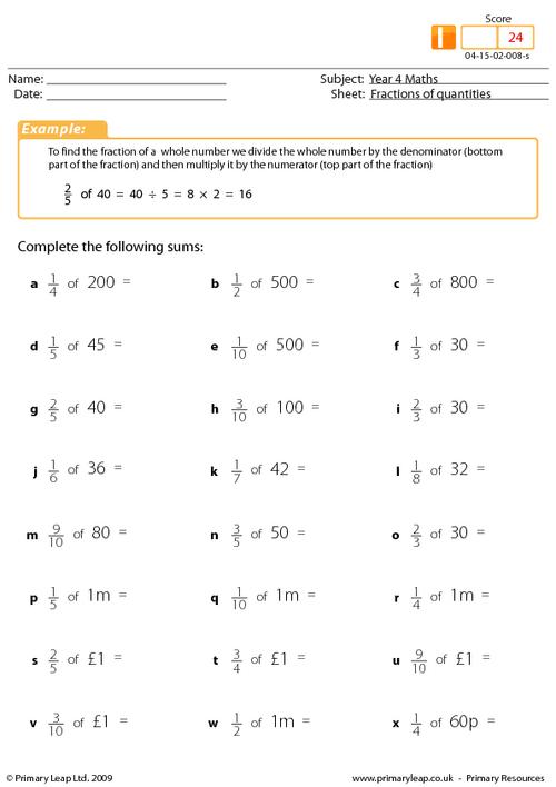 Numeracy Fractions Of Quantities Worksheet PrimaryLeap co uk