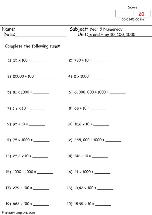 Multiplication and division by 10, 100 and 1000