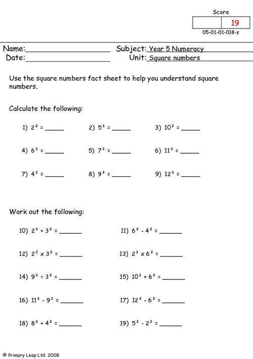 Numeracy Square Numbers Worksheet PrimaryLeap co uk