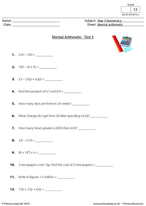 numeracy mental arithmetic test 5 worksheet primaryleap co uk