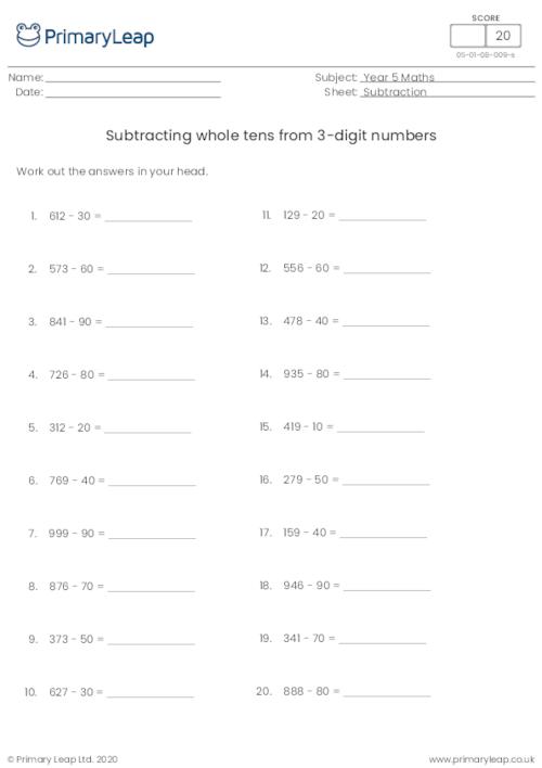Subtracting whole tens from 3-digit numbers