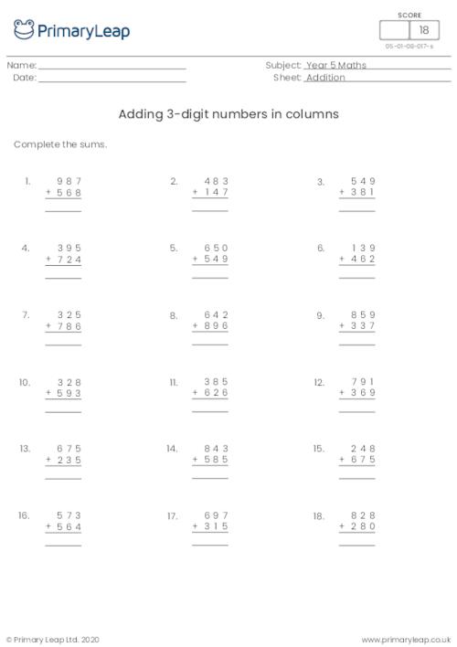 Adding 3-digit numbers in columns (with carrying)