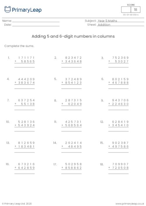 Adding 5 and 6-digit numbers in columns (with carrying)