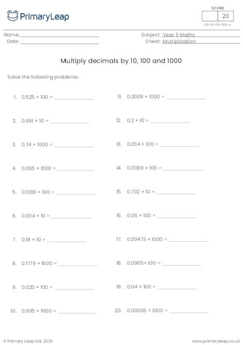 Multiply decimals by 10, 100 and 1000
