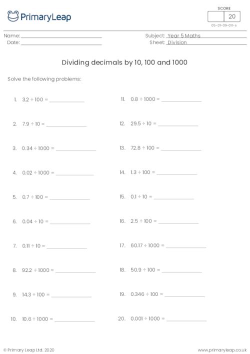 Dividing decimals by 10, 100 and 1000