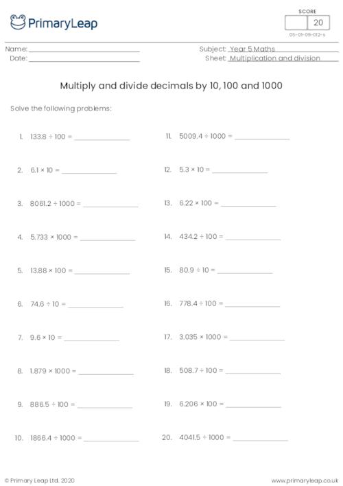 Multiply and divide decimals by 10, 100 and 1000