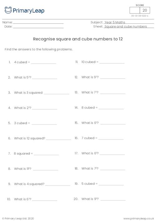 Recognising square numbers and cube numbers up to 12
