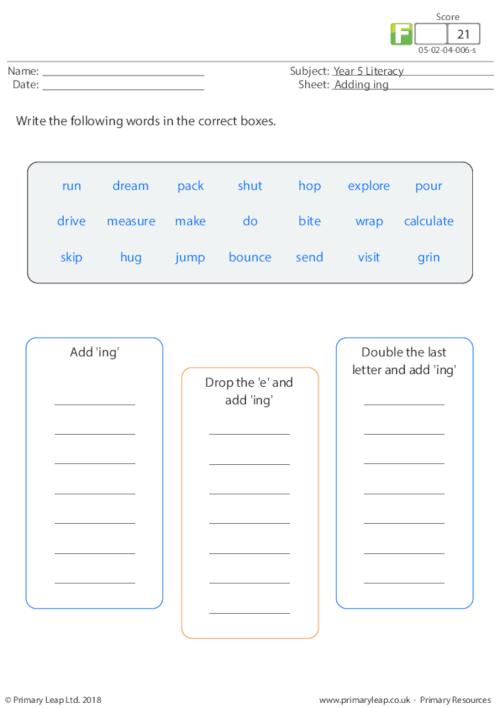 Literacy Adding Ing Worksheet PrimaryLeap co uk