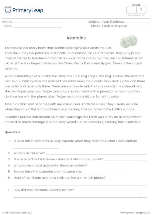Reading comprehension - Asteroids