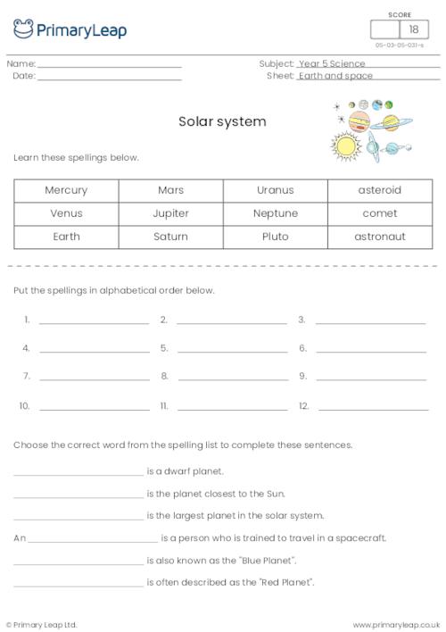 Solar system spelling activity