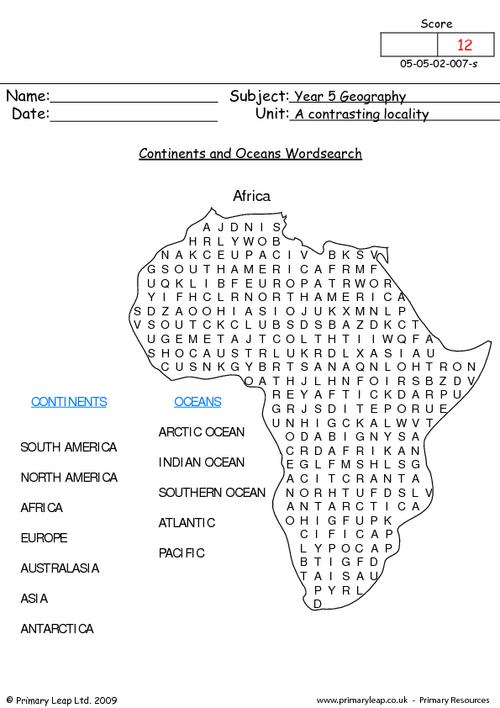 Continents and Oceans Word search