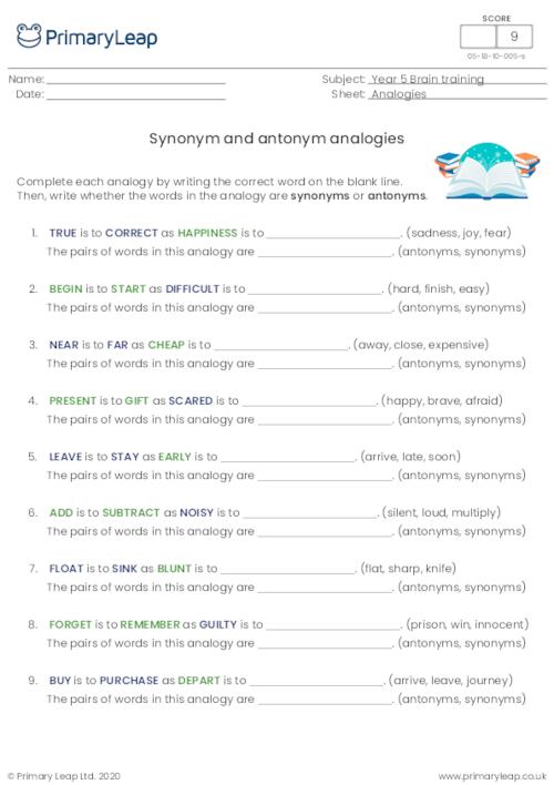 Brain Training Synonym And Antonym Analogies Worksheet PrimaryLeap 