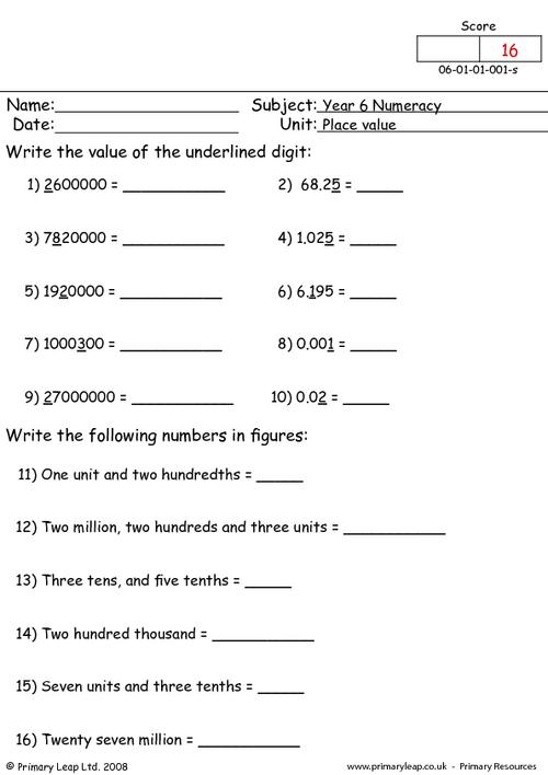 numeracy place value worksheet primaryleap co uk