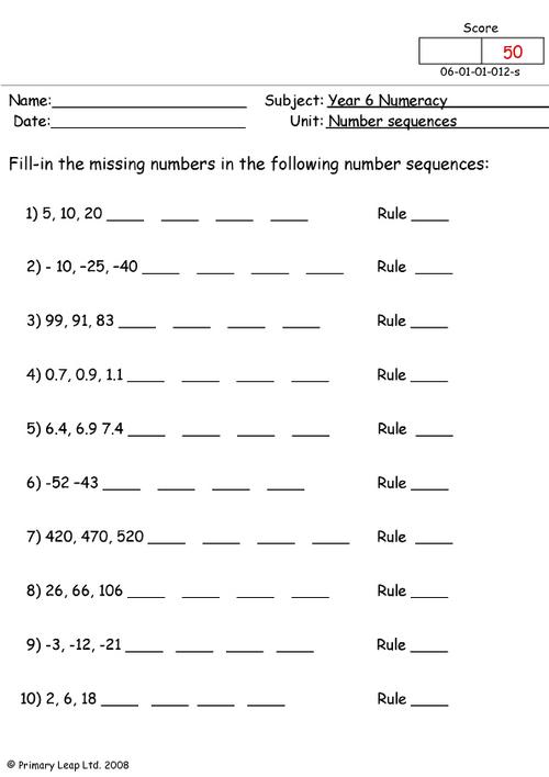 Number Sequences Grade 5 Worksheets