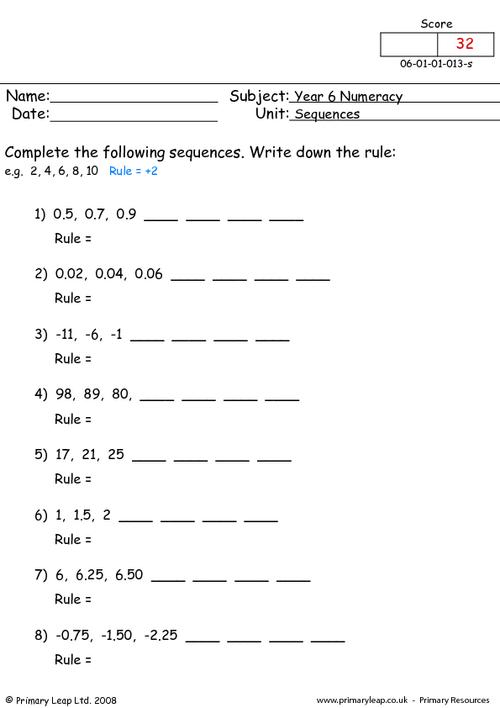 Sequence Numbers Worksheet