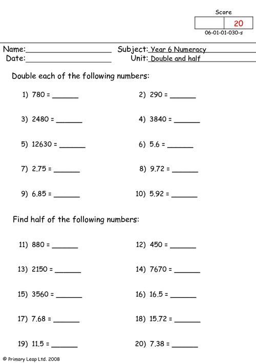 Numeracy: Double and half 1 | Worksheet | PrimaryLeap.co.uk