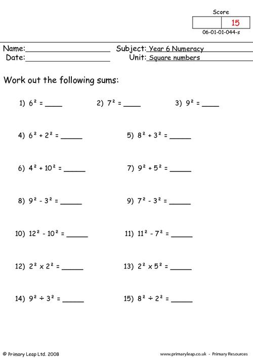 Adding Square Numbers Worksheet