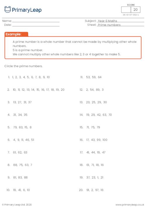 Numeracy: Identify prime numbers | Worksheet | PrimaryLeap.co.uk