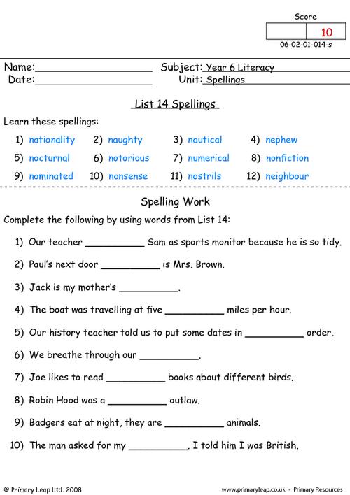 Literacy: Spelling list 14 | Worksheet 