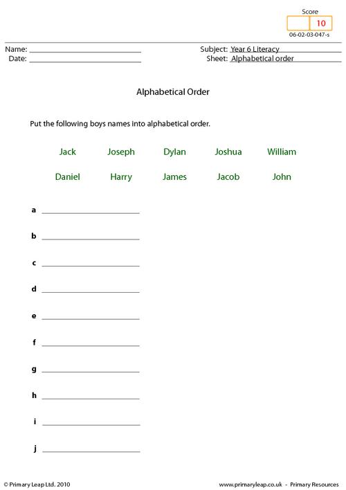 Alphabetical order 6 - Boy names