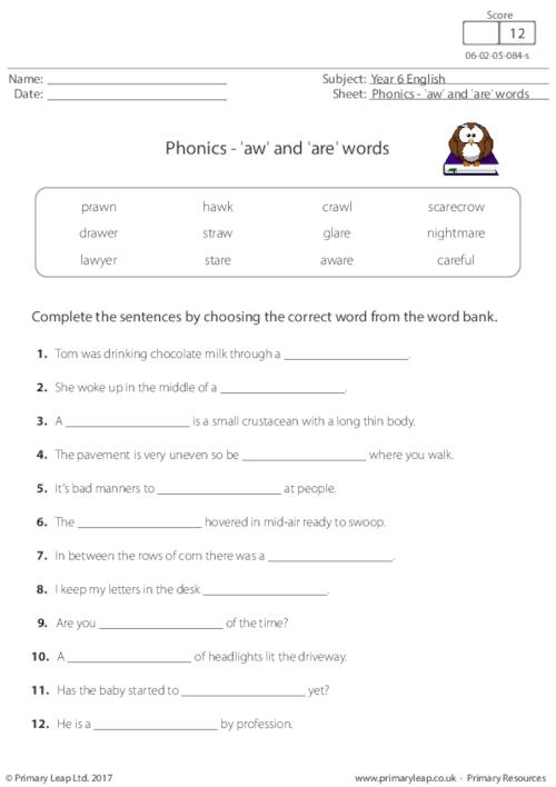 Phonics - 'aw' and 'are' words