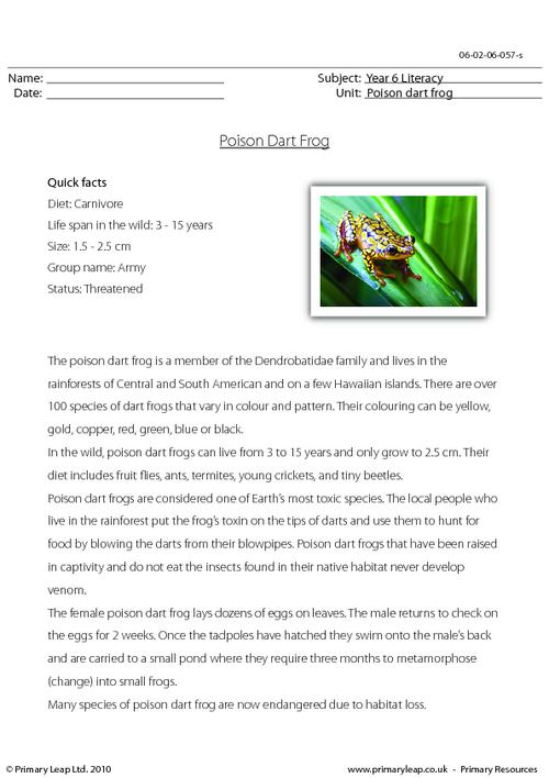 Reading comprehension - Poison dart frog