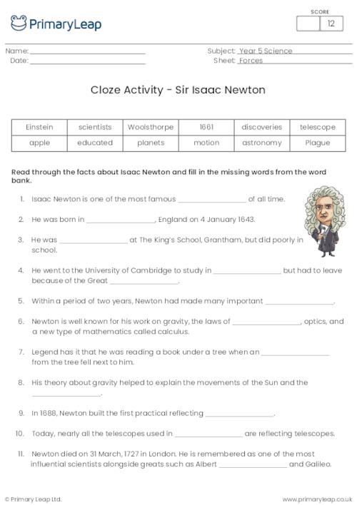 Cloze Activity - Sir Isaac Newton