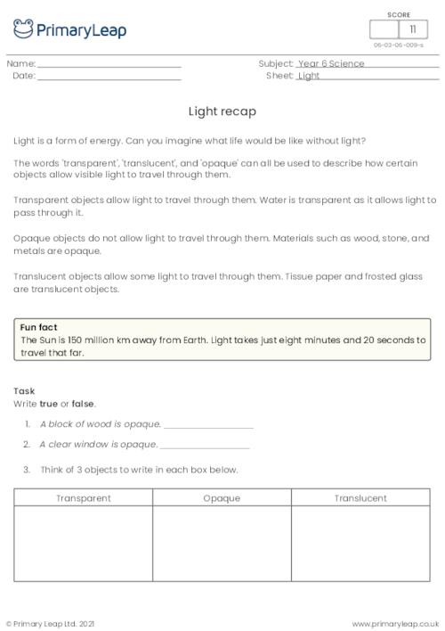 Science: Cloze activity Facts about light | Worksheet | PrimaryLeap.co.uk