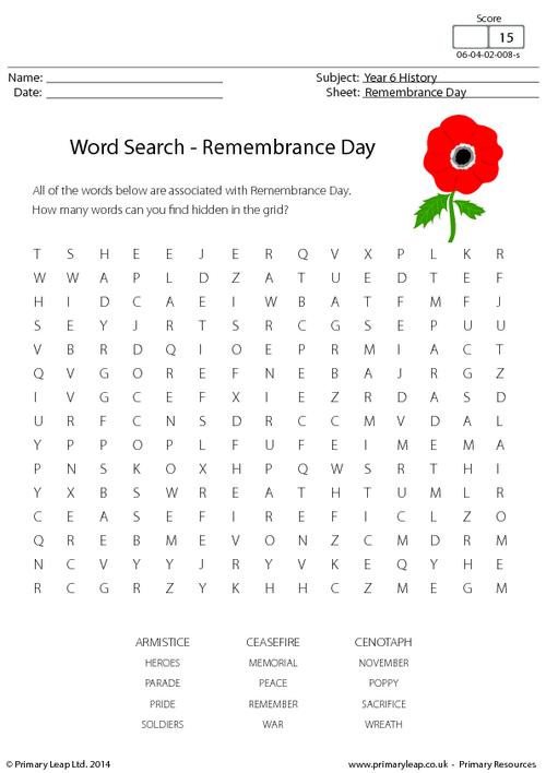 History Word Search Remembrance Day Worksheet PrimaryLeap co uk