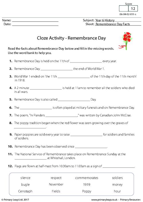 Cloze Activity - Remembrance Day Facts