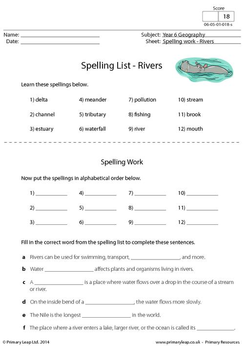 Spelling List - Rivers