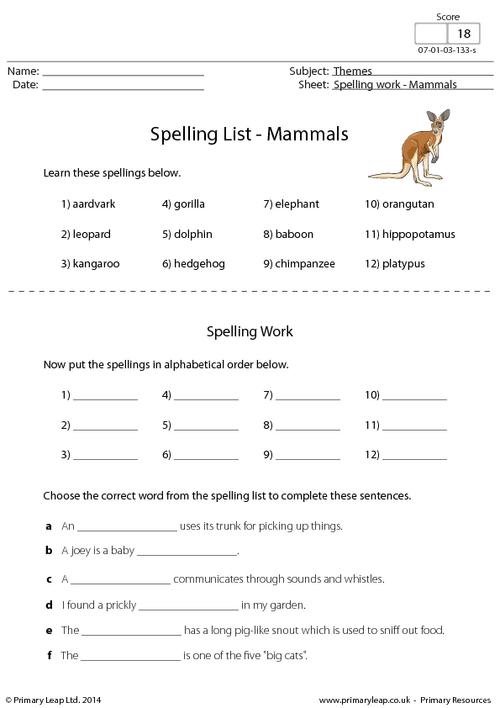 Spelling List - Mammals