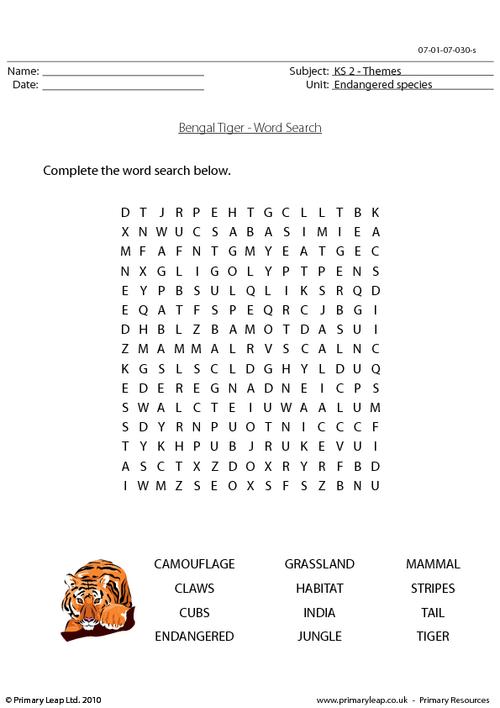 Bengal tiger word search