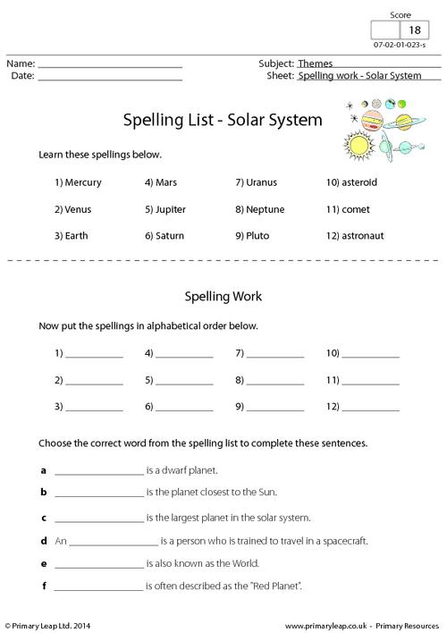 Spelling List - Solar system