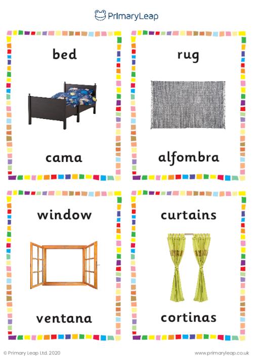 English to Spanish flashcards -  Bedroom objects