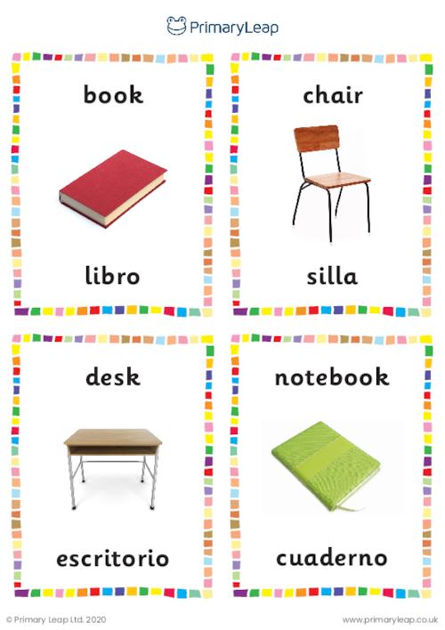 English to Spanish flashcards -  Classroom objects