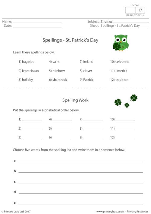 Spelling List - St. Patrick's Day