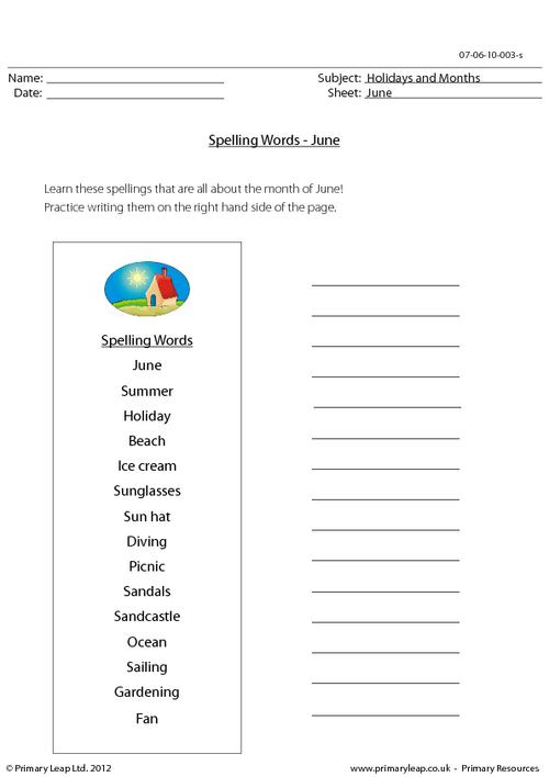 Spelling words - June