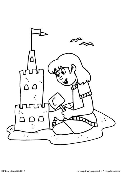 Girl with sandcastle - Colouring page