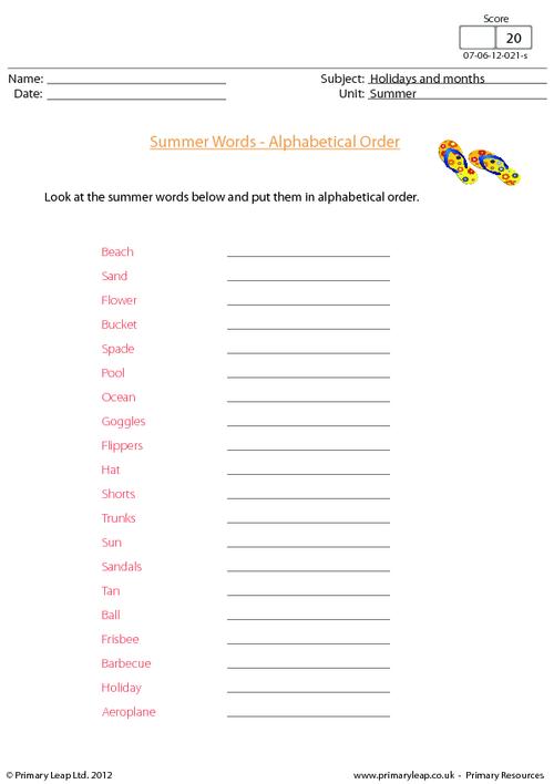 Summer words - Alphabetical order