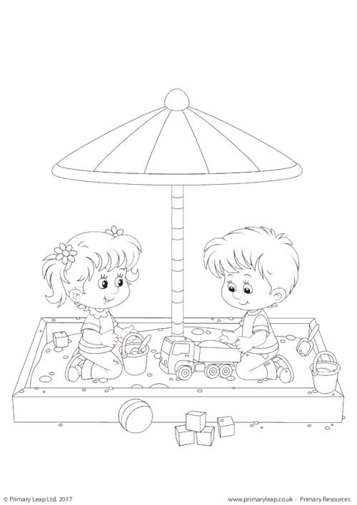 Colouring Page - Children playing in a sandbox