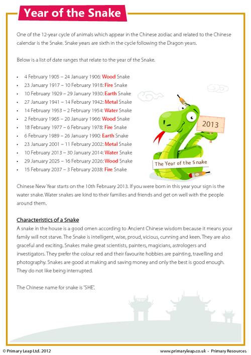 Reading comprehension - Year of the Snake