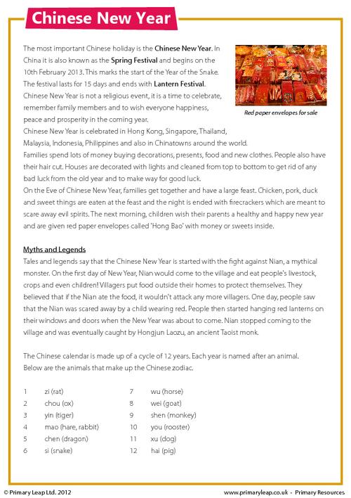 Reading comprehension - Chinese New Year